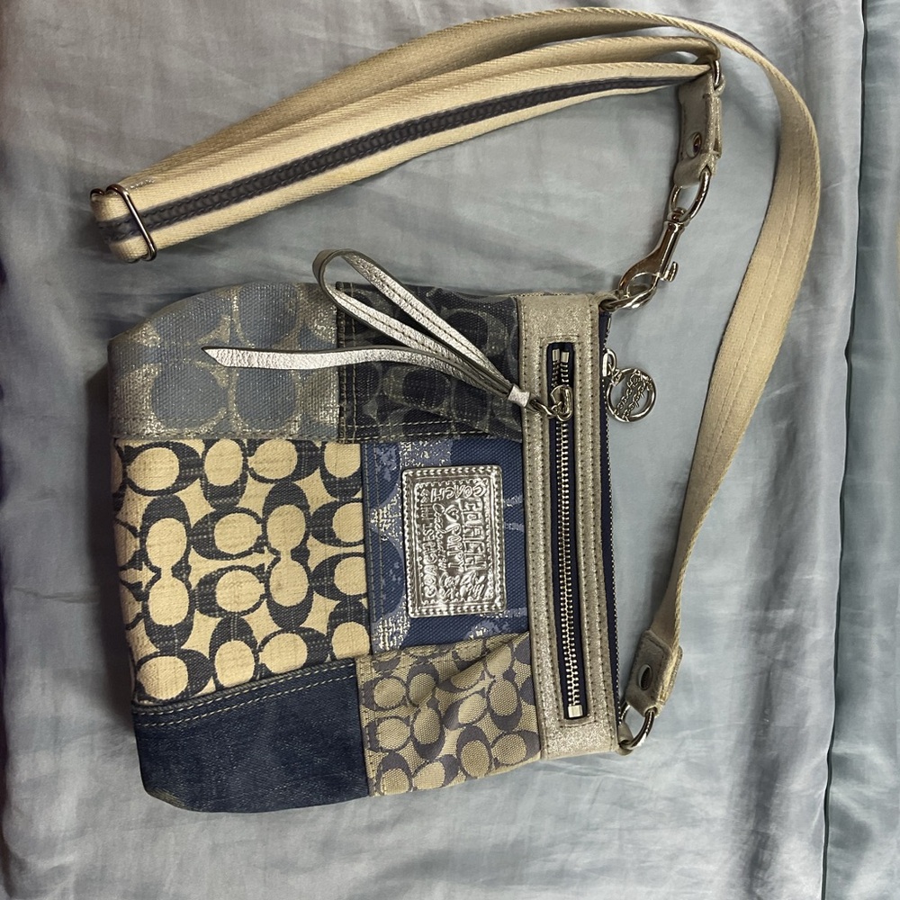 Coach Blue and Tan Crossbody Bag with Signature Monogram